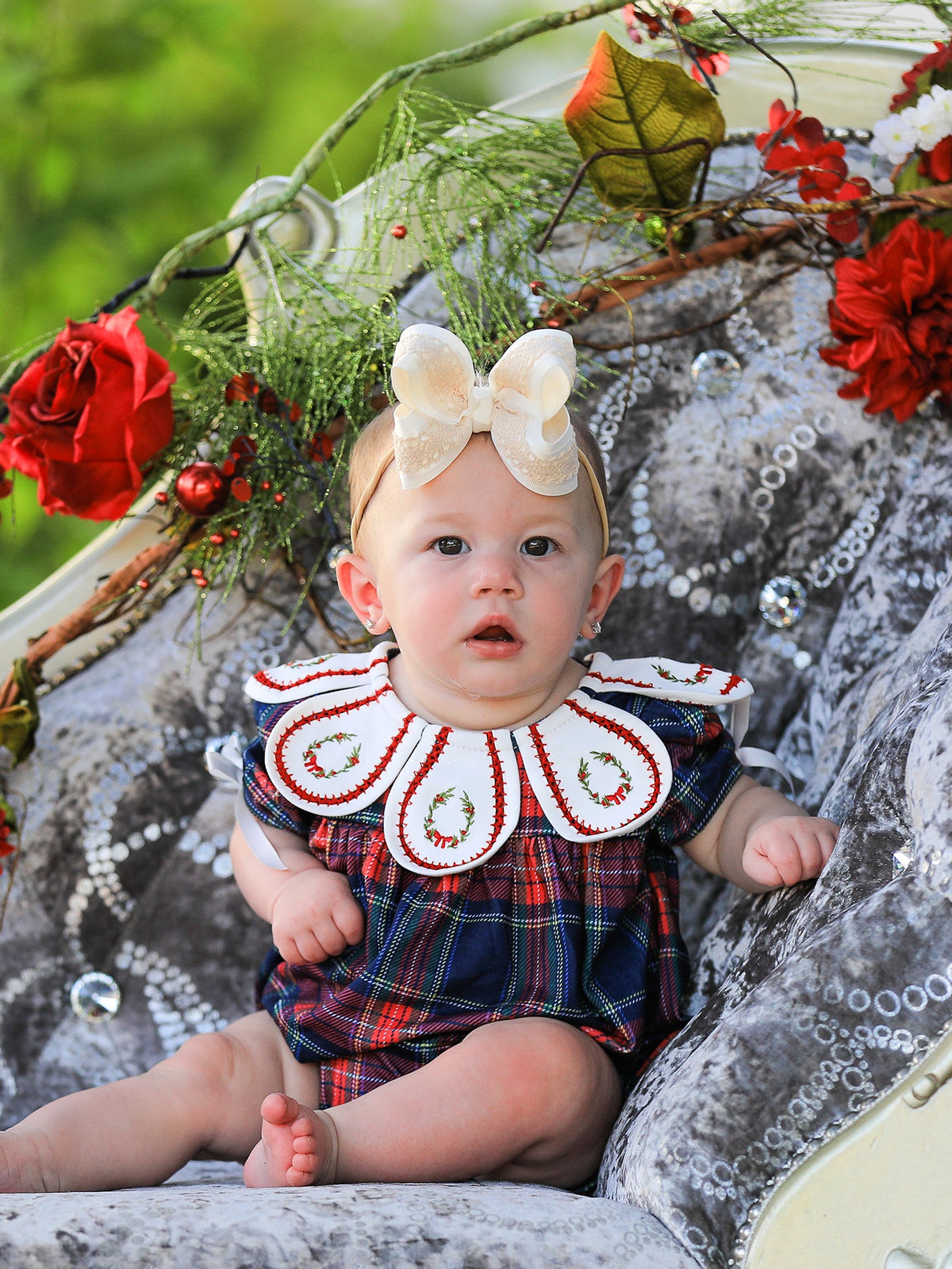 Navy Red Christmas Plaid Wreath Baby Girl Bubble Romper