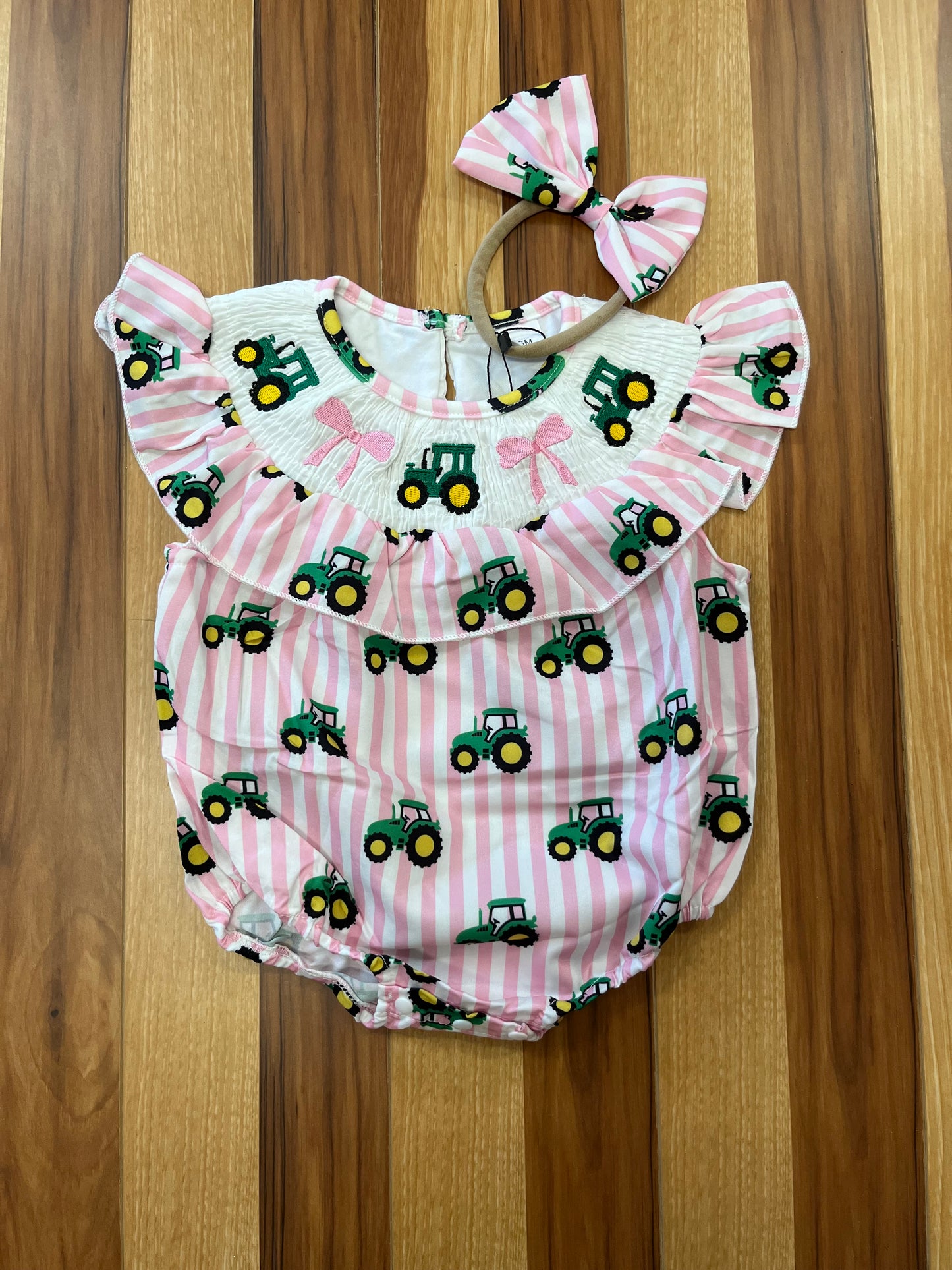 Coquette Tractor Smocked Romper w/Headband