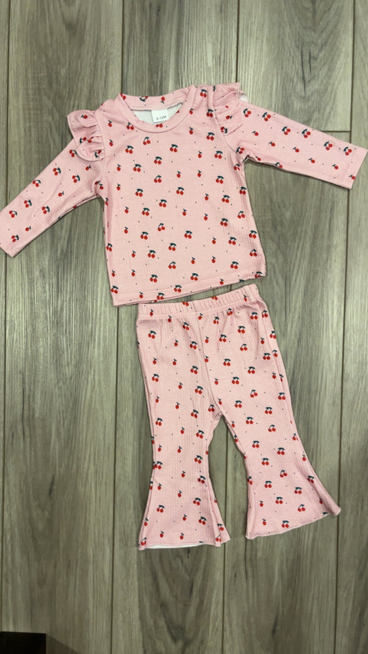 Cherry Ribbed Flare Bottoms Set