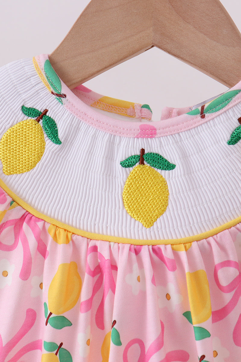 Pink Lemon Smocked Bow Print Bubble Romper