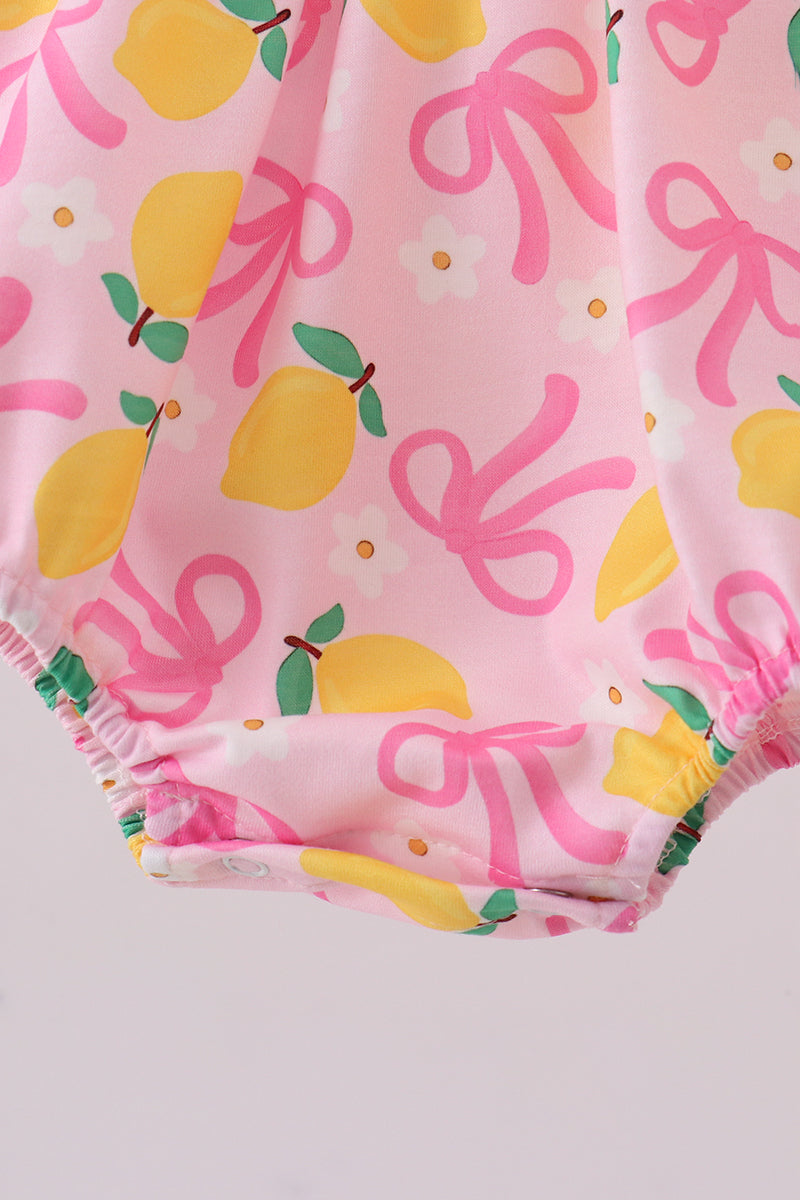 Pink Lemon Smocked Bow Print Bubble Romper