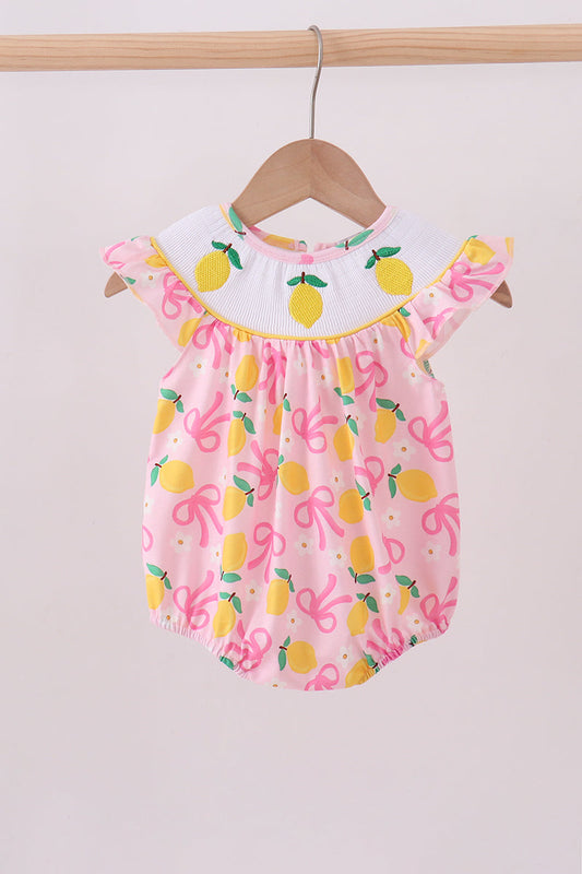 Pink Lemon Smocked Bow Print Bubble Romper