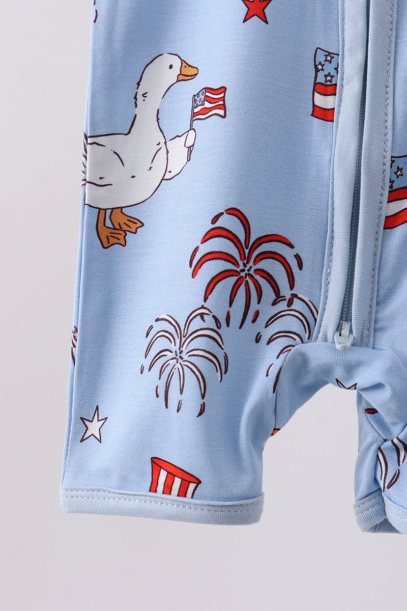 Blue Patriotic Goose Flag Print Bamboo Short Romper