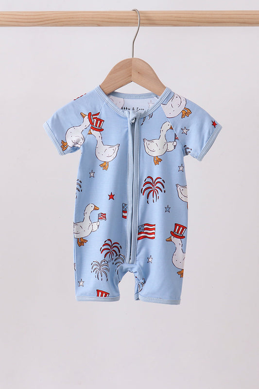Blue Patriotic Goose Flag Print Bamboo Short Romper