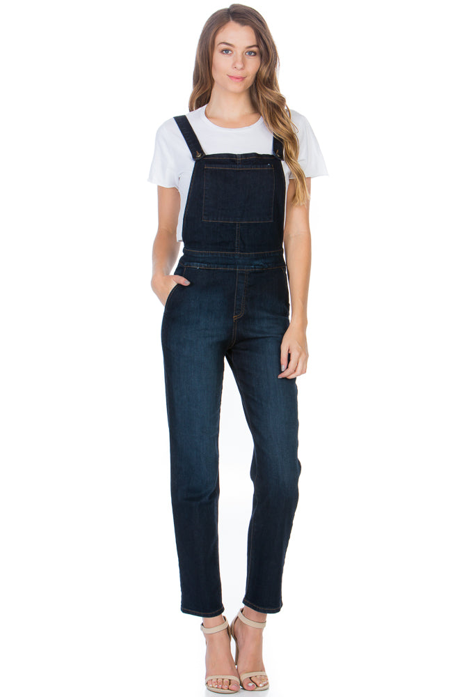 Over the Moon Long Straight Leg Denim Overalls Dark Wash