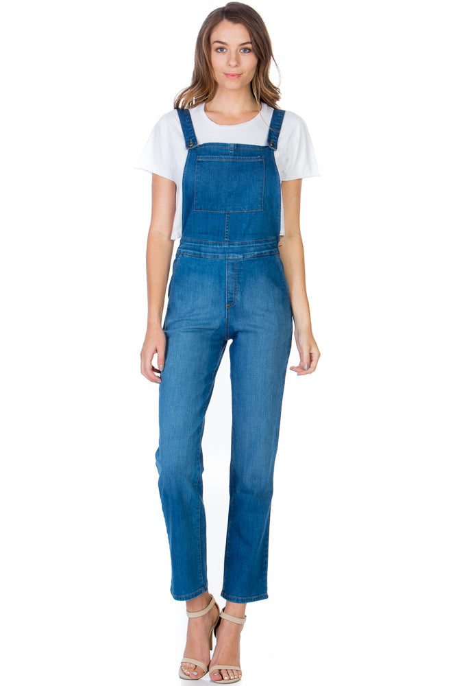 Over the Moon Long Straight Leg Denim Overalls Dark Wash