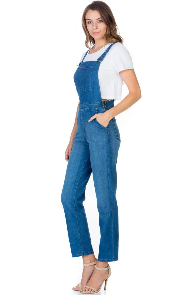 Over the Moon Long Straight Leg Denim Overalls Medium Wash
