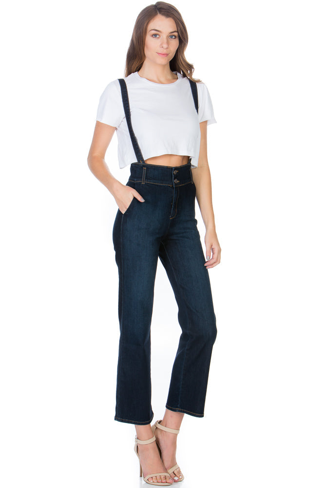 That Girl Cropped Flared Denim Overalls Dark Wash
