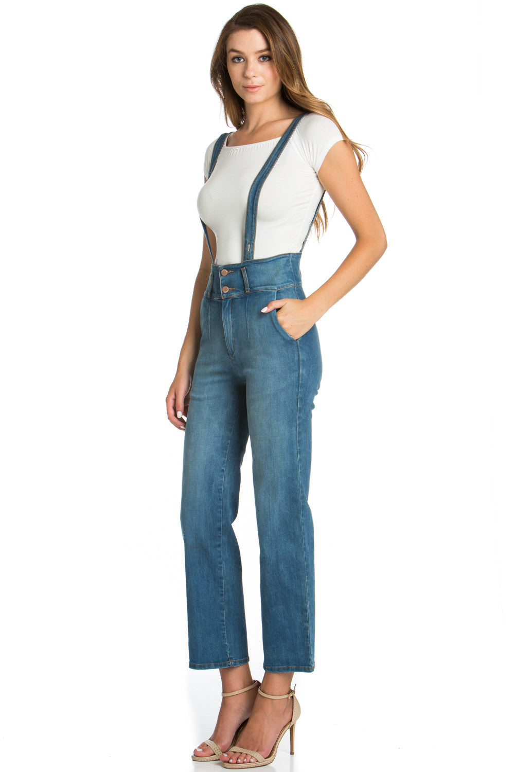 That Girl Cropped Flared Denim Overalls Dark Wash