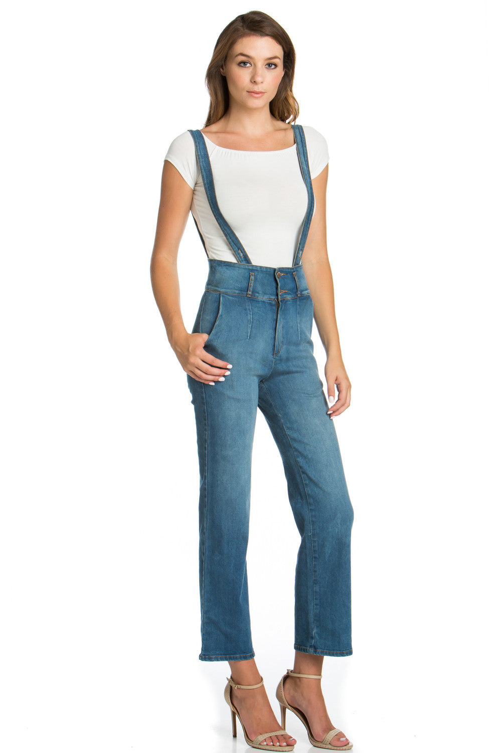 That Girl Cropped Flared Denim Overalls White