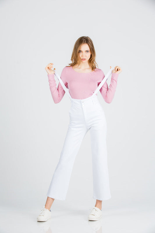 That Girl Cropped Flared Denim Overalls White
