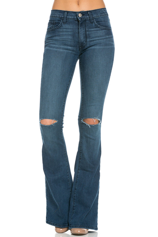 All American Vintage Faded Denim Flare Jeans with Slit Knee - Navy Stitch