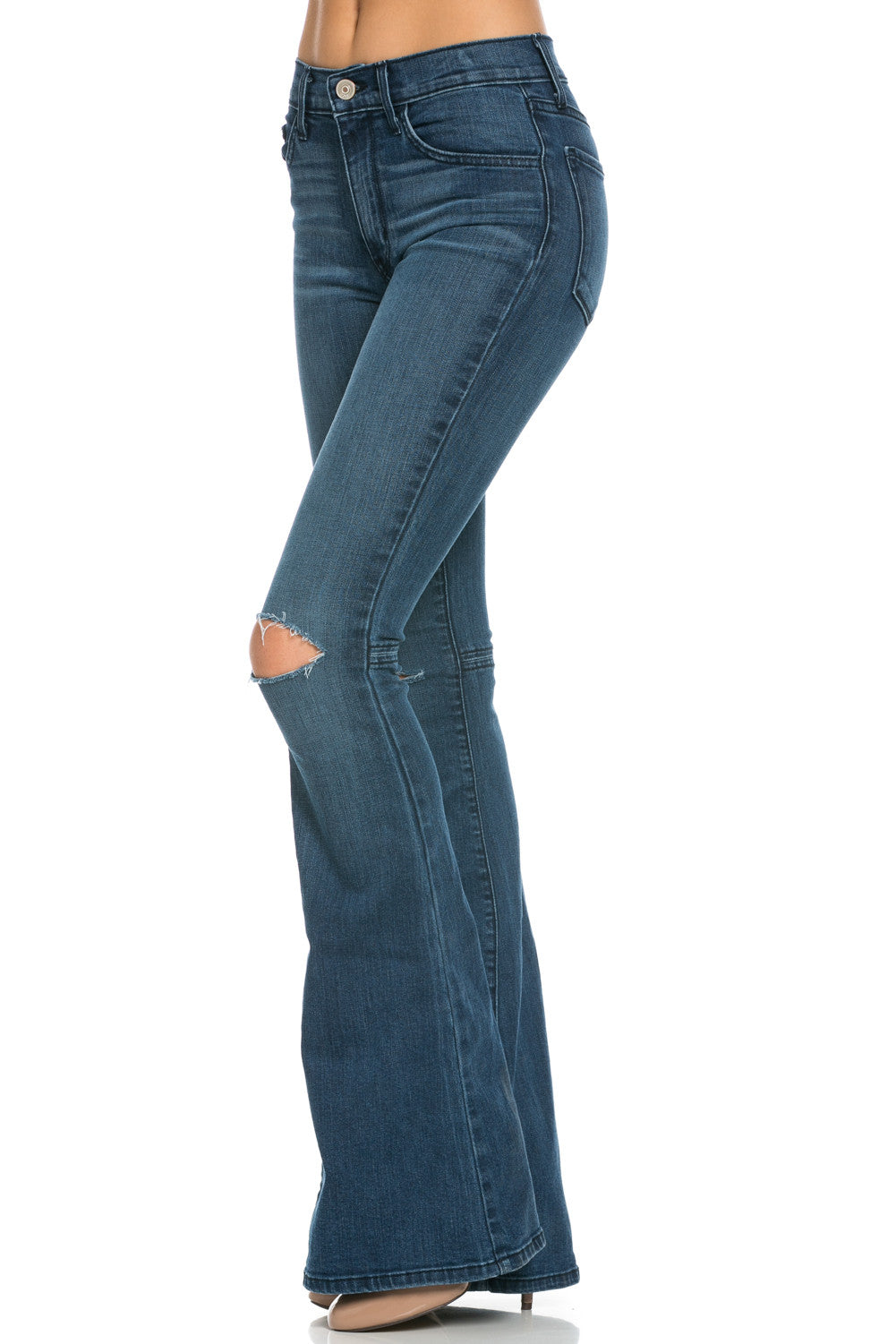 All American Vintage Faded Denim Flare Jeans with Slit Knee - Navy Stitch