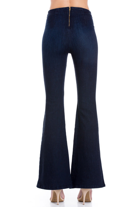 Pull Me Closer High Rise Zip Back Flare Denim Jeans Dark Wash