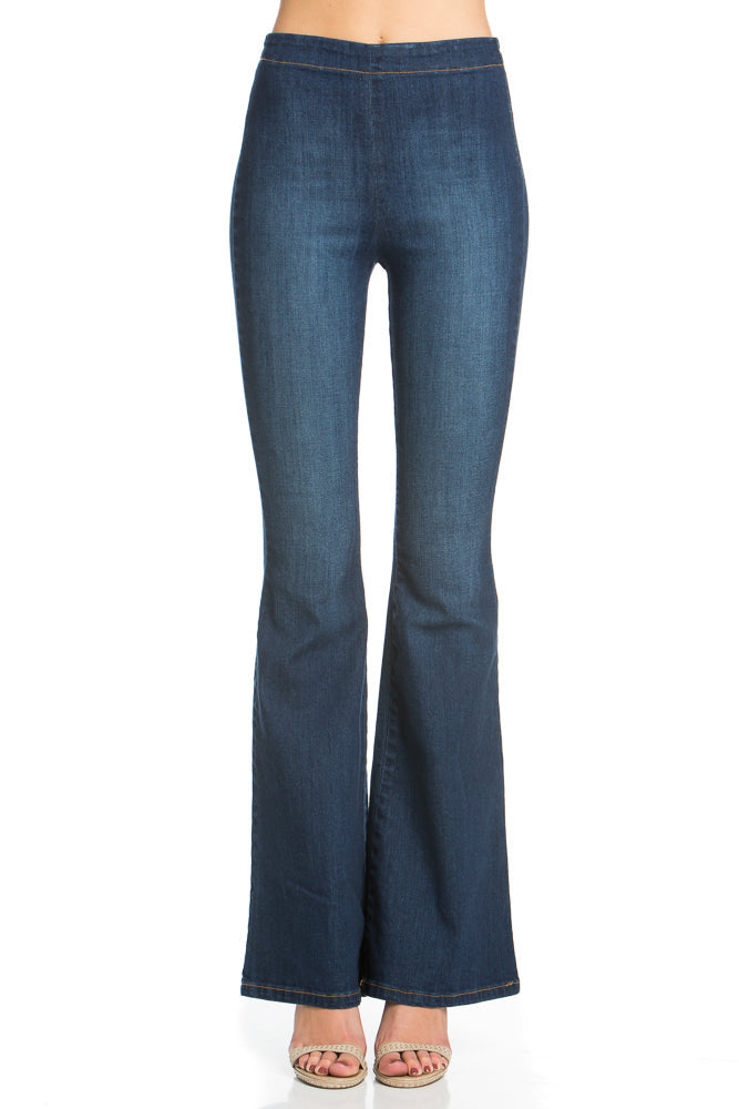Pull Me Closer High Rise Zip Back Flare Denim Jeans Dark Wash