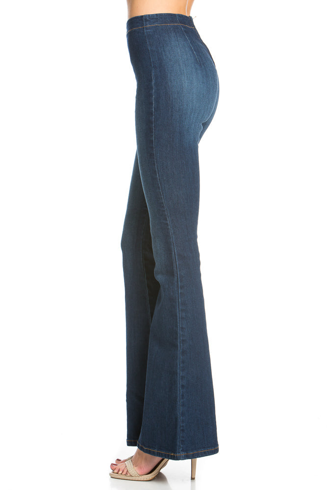 Pull Me Closer High Rise Zip Back Flare Denim Jeans Medium Wash