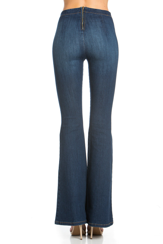 Pull Me Closer High Rise Zip Back Flare Denim Jeans Medium Wash