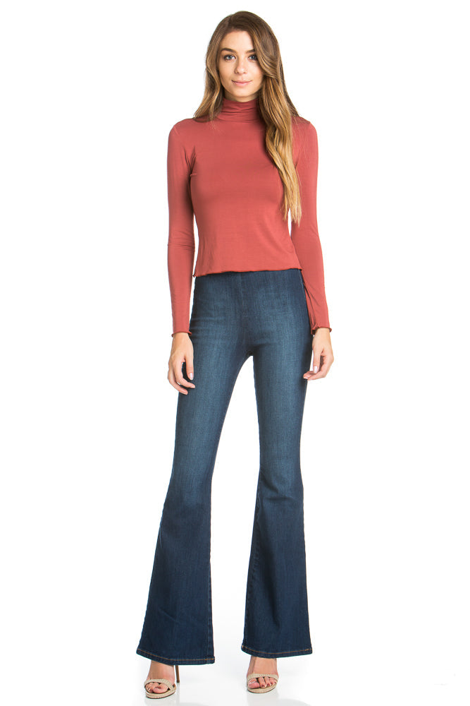 Pull Me Closer High Rise Zip Back Flare Denim Jeans Dark Wash