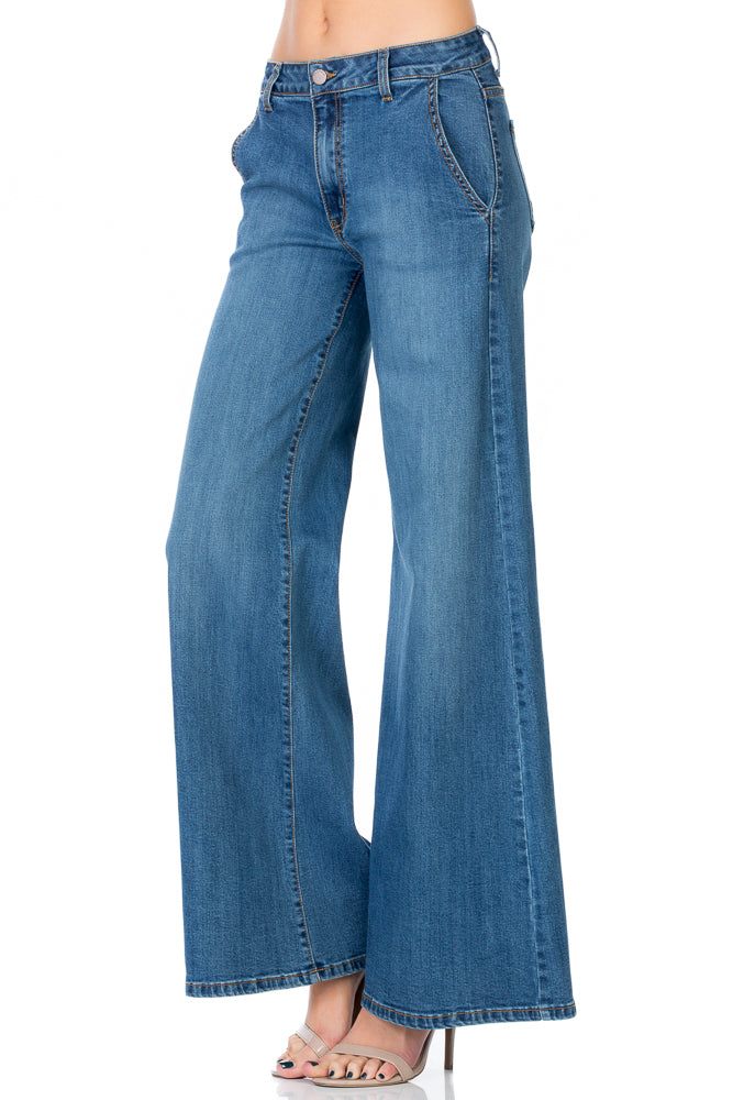 Calamigos Mid-Rise Super Wide Leg Denim Jeans in Medium Wash