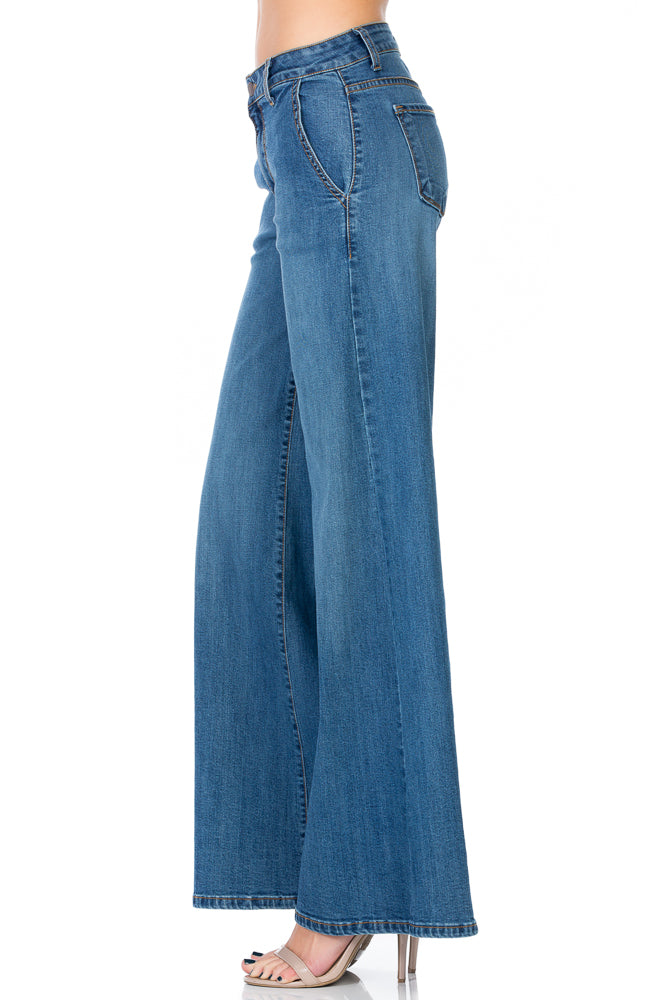 Calamigos Mid-Rise Super Wide Leg Denim Jeans in Medium Wash