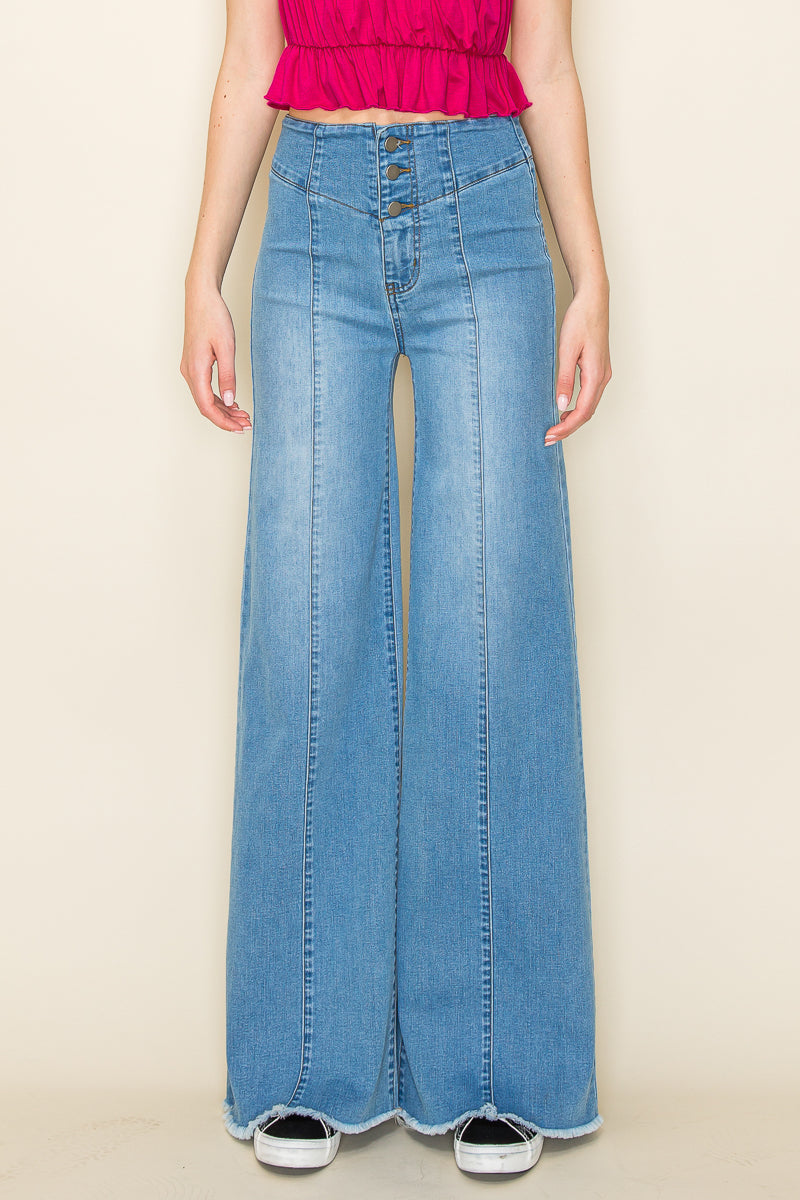 PW508 Front Seam Wide Leg Jeans Medium Wash