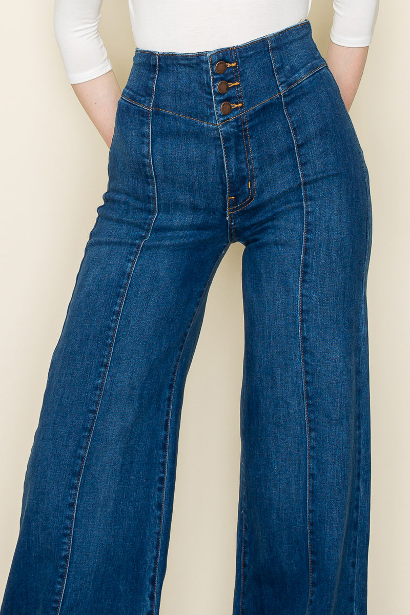 PW508 Front Seam Wide Leg Jeans Dark Wash