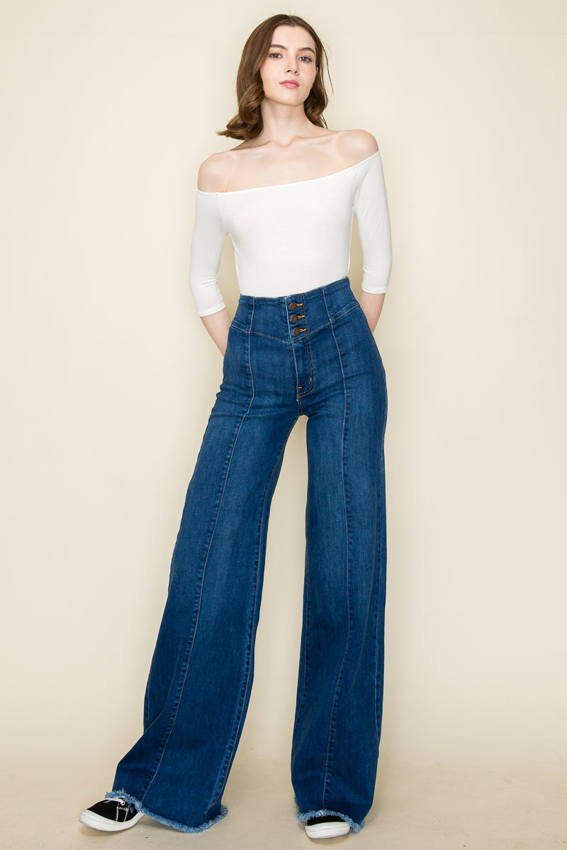 PW508 Front Seam Wide Leg Jeans Dark Wash