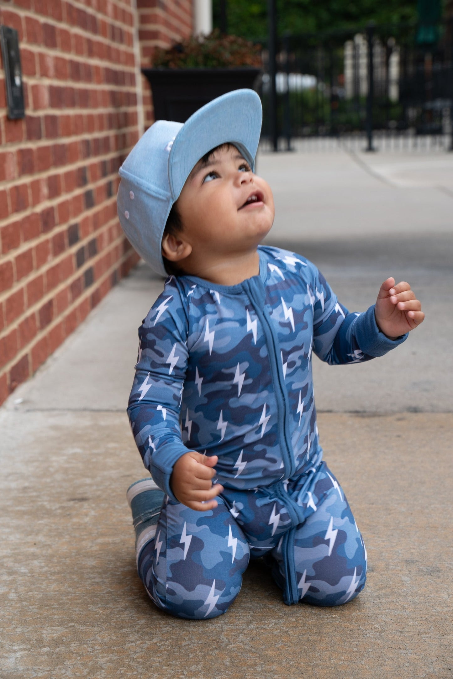 Bamboo Zip Romper | Blue Camo Bolts