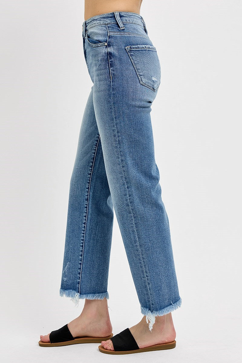 Risen: HIGH RISE CROP STRAIGHT FRAYED HEM JEANS