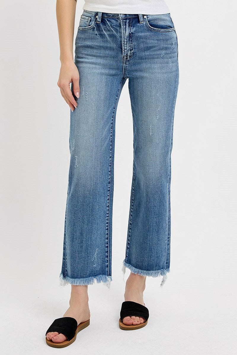 Risen: HIGH RISE CROP STRAIGHT FRAYED HEM JEANS