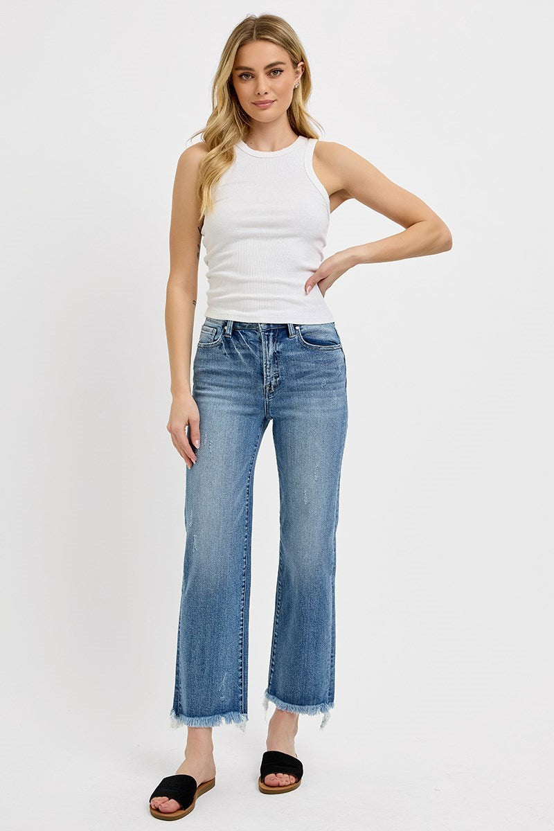 Risen: HIGH RISE CROP STRAIGHT FRAYED HEM JEANS
