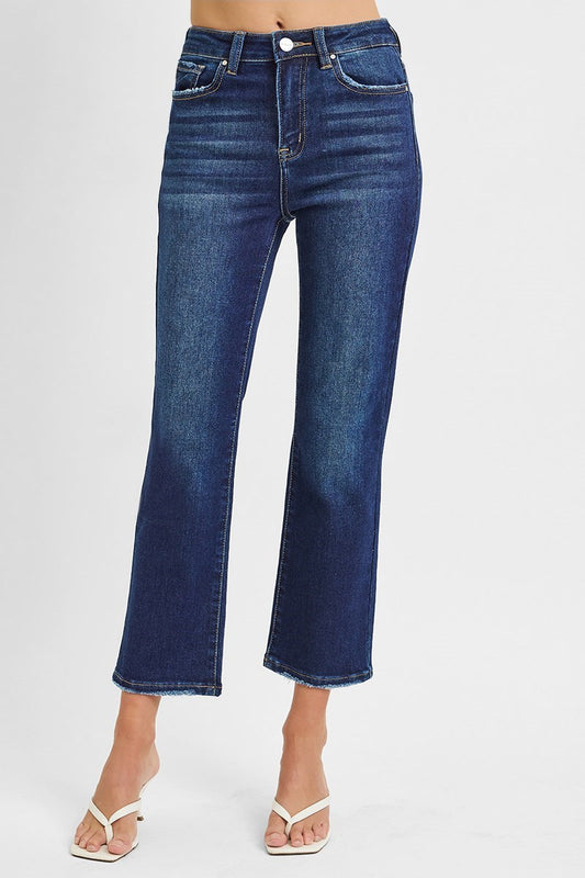 Risen: HIGH RISE CROP STRAIGHT JEANS- DARK WASH