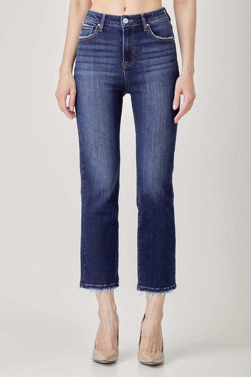 Risen: HIGH-RISE CROP STRAIGHT JEANS- DARK WASH
