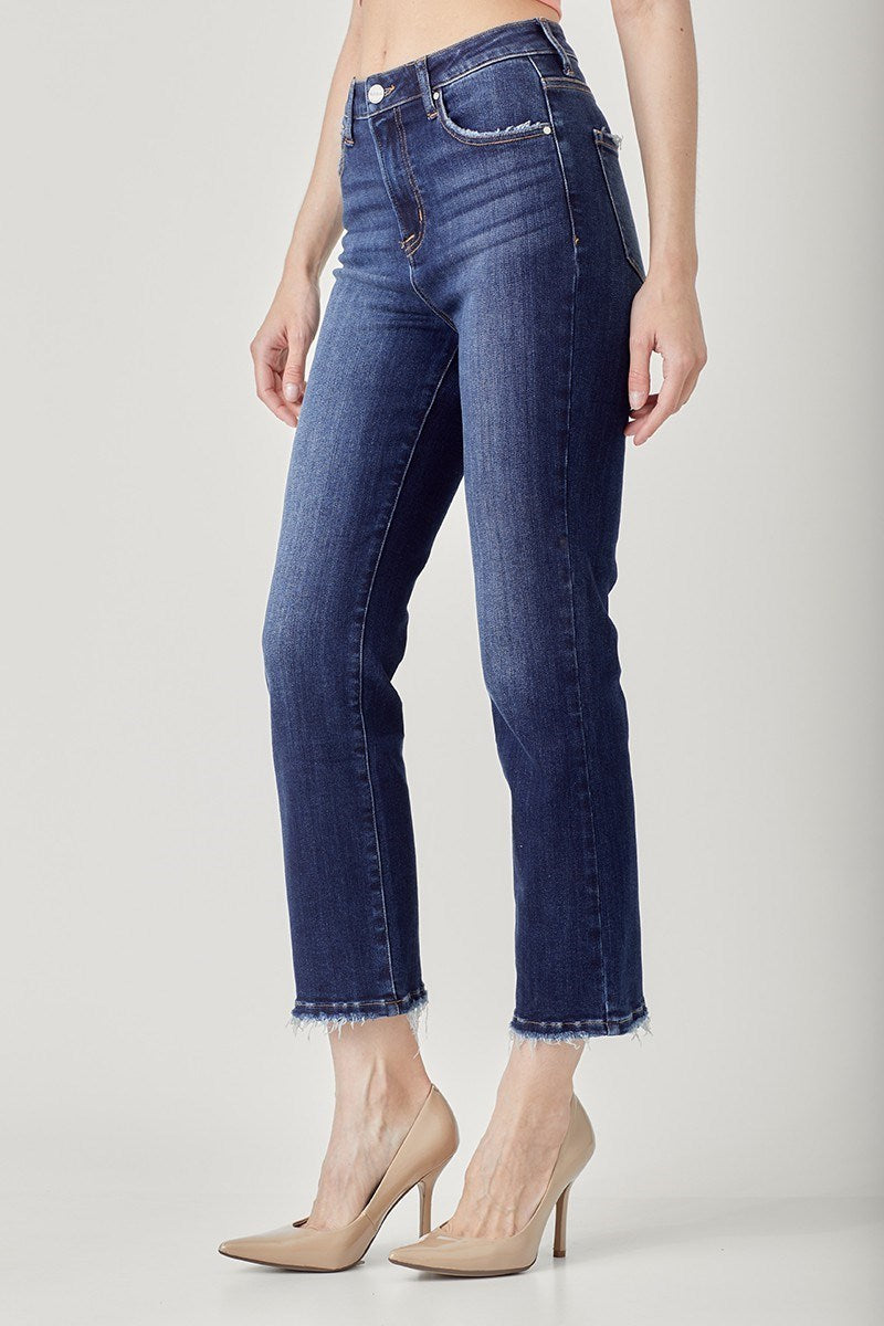 Risen: HIGH RISE CROP STRAIGHT JEANS- DARK WASH