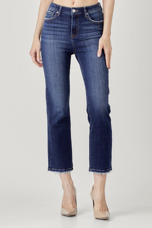 Risen: HIGH-RISE CROP STRAIGHT JEANS- DARK WASH