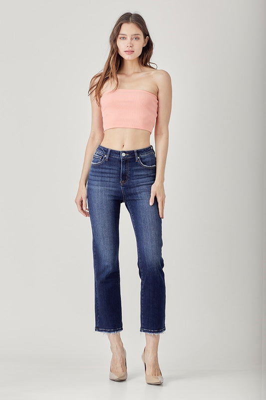 Risen: HIGH-RISE CROP STRAIGHT JEANS- DARK WASH