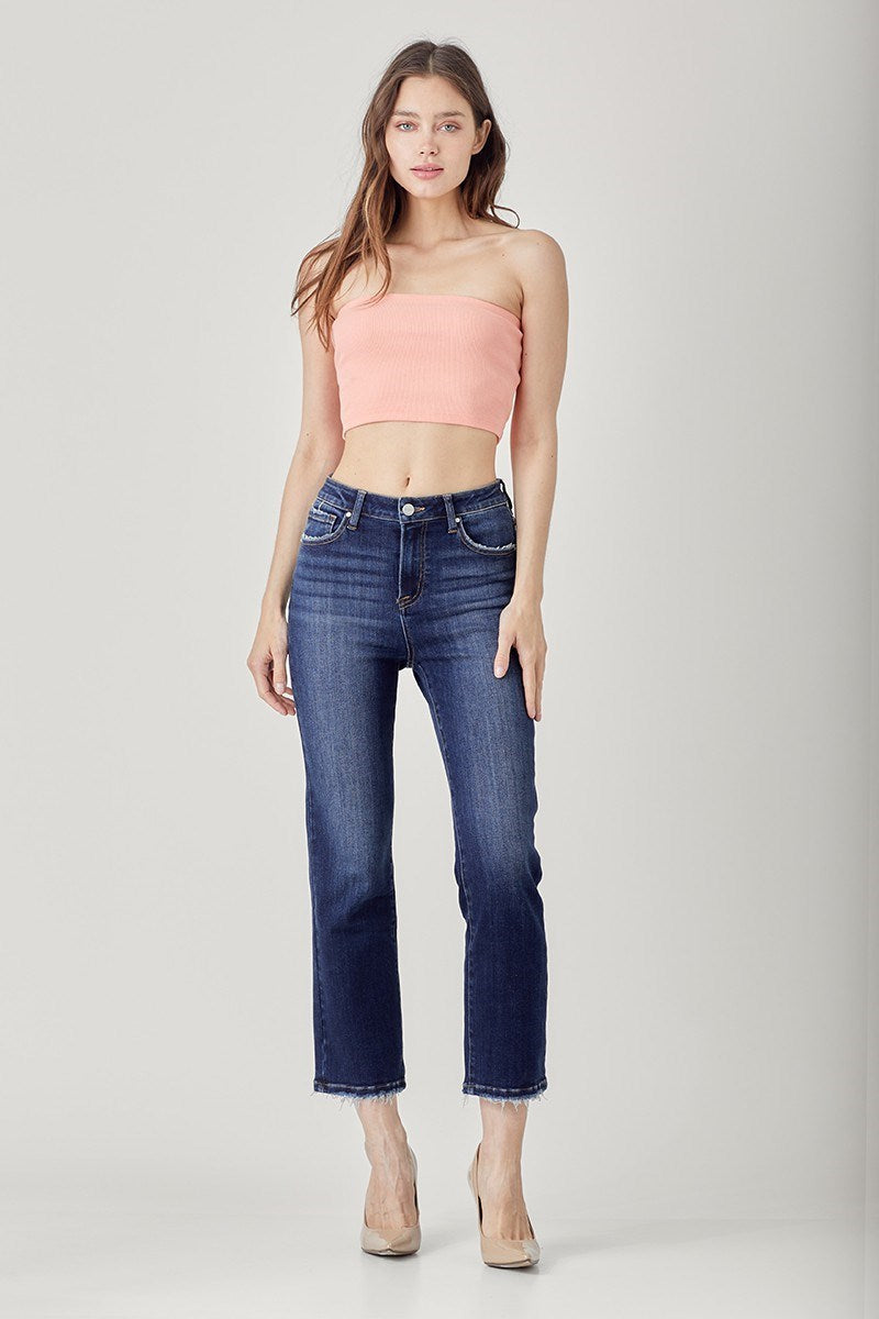Risen: HIGH RISE CROP STRAIGHT JEANS- DARK WASH