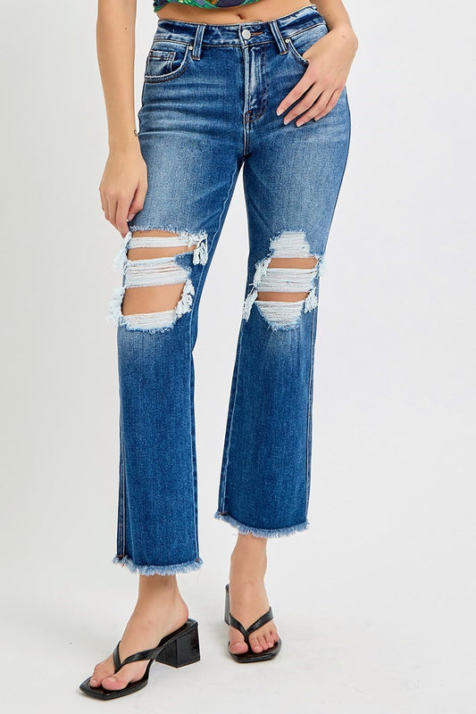 Risen: MID RISE CROP DISTRESSED FLARE JEANS