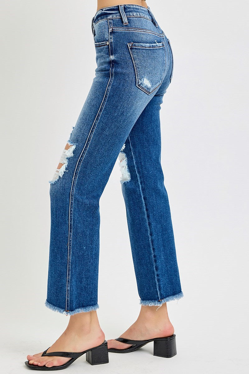 Risen: MID RISE CROP DISTRESSED FLARE JEANS