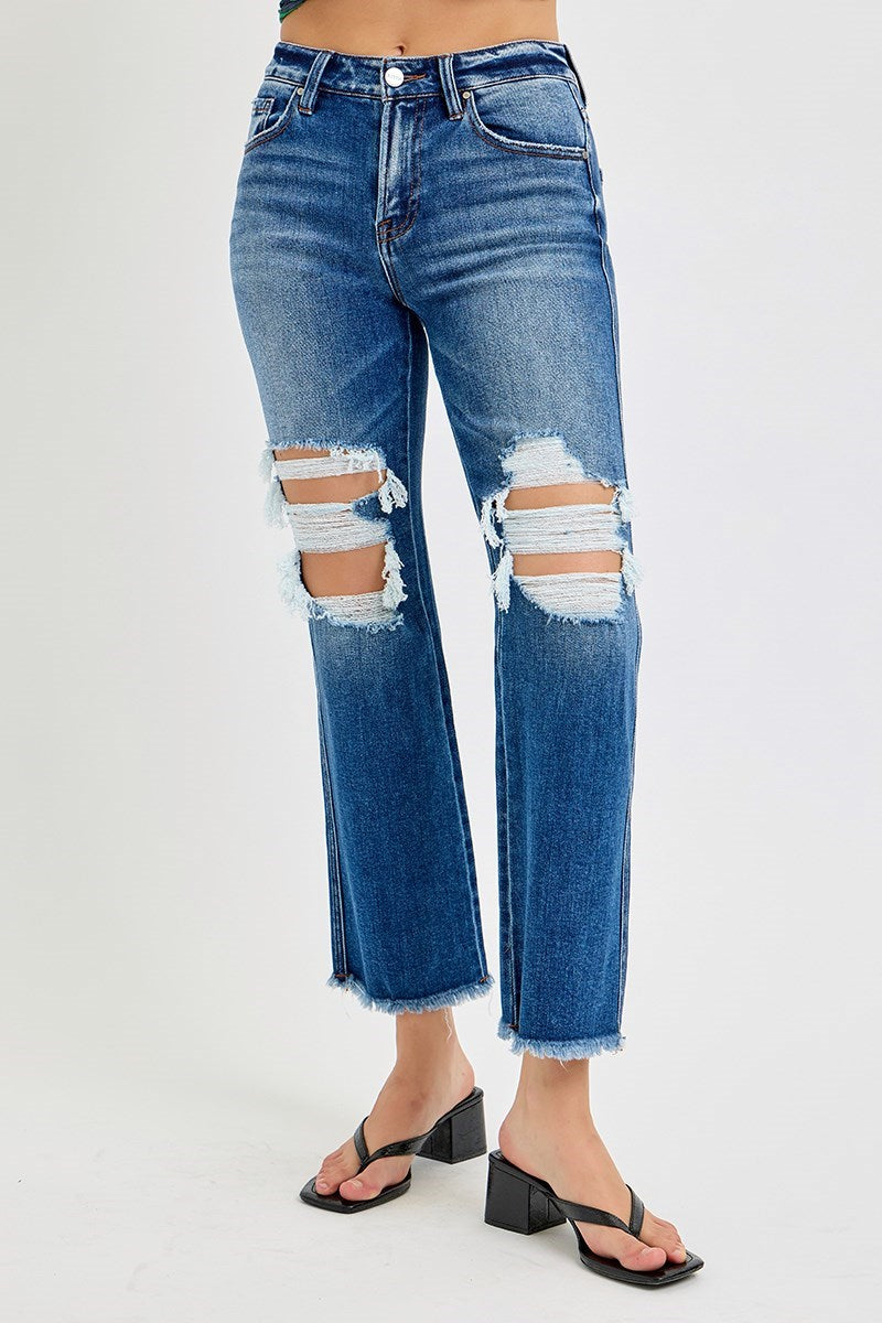 Risen: MID RISE CROP DISTRESSED FLARE JEANS