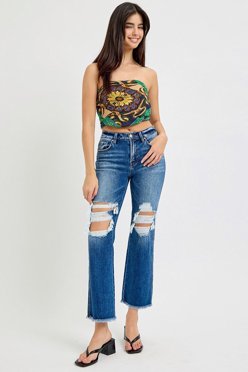 Risen: MID RISE CROP DISTRESSED FLARE JEANS