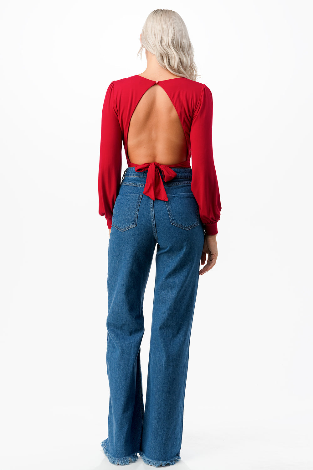 Romantic V-Neck Balloon Sleeve Tie-Back Bodysuit-Red
