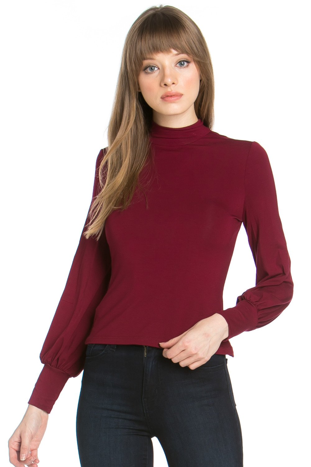 Open Back Puff Sleeve Mock Neck Top
