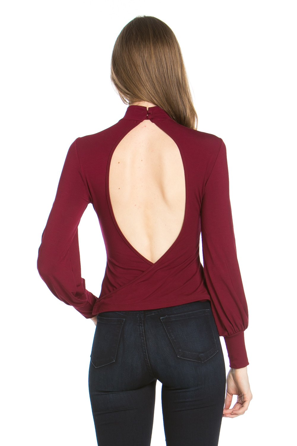 Open Back Puff Sleeve Mock Neck Top