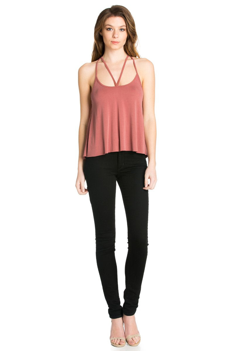 Criss Cross Front T-Back Tank Top in Marsala