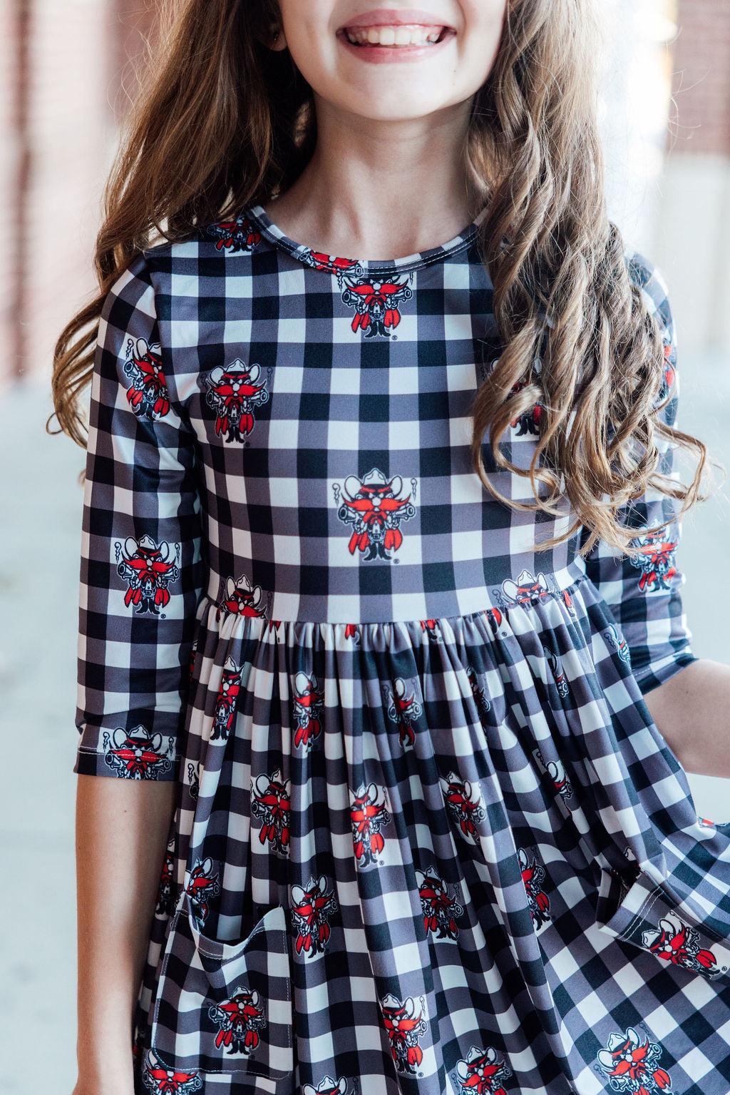 Texas Tech Plaid Raider Red 3/4 Sleeve Pocket Twirl Dress