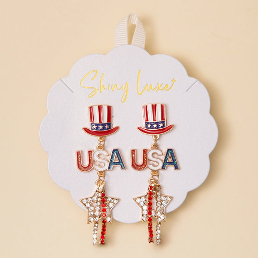 USA Flag Rhinestone Pavé Enamel Hat and Star Earrings