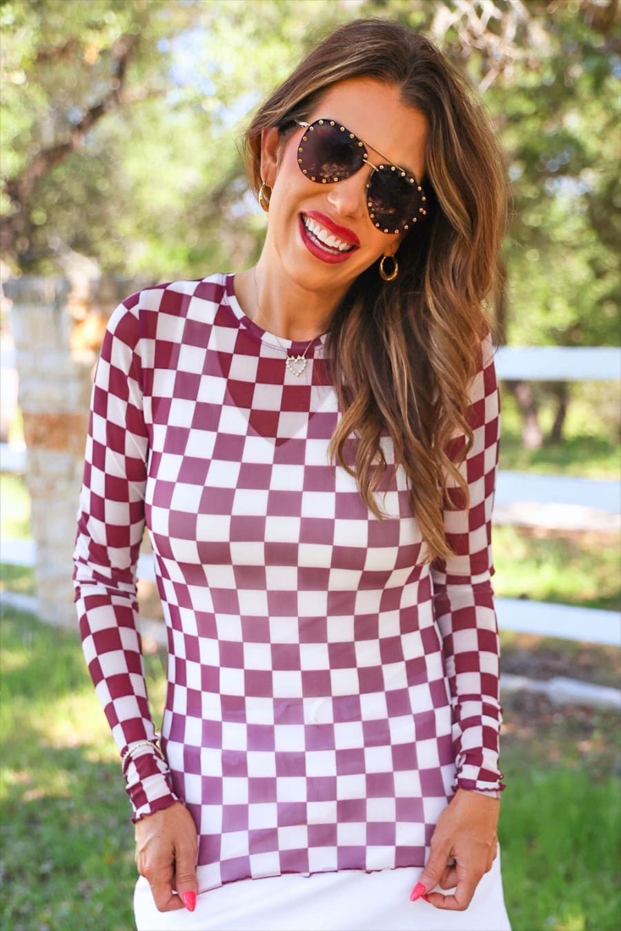 Alyssa Mesh Top- Maroon Checkered