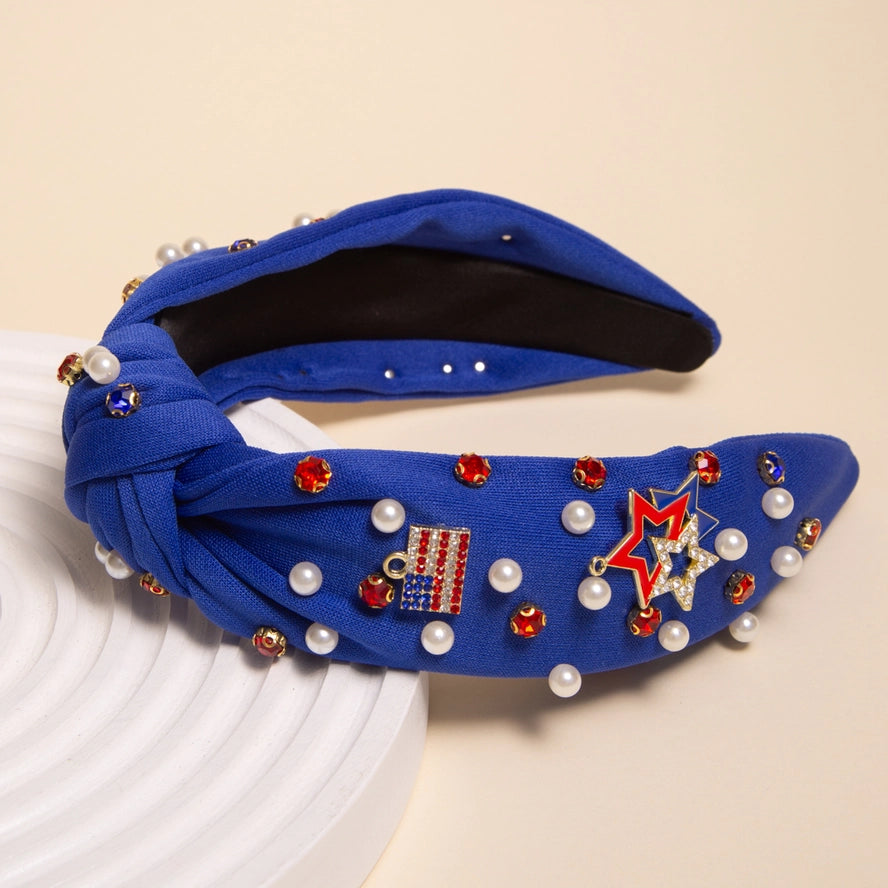 American Flag Rhinestone Pave Charm Crystal Pearl Headband-BLUE