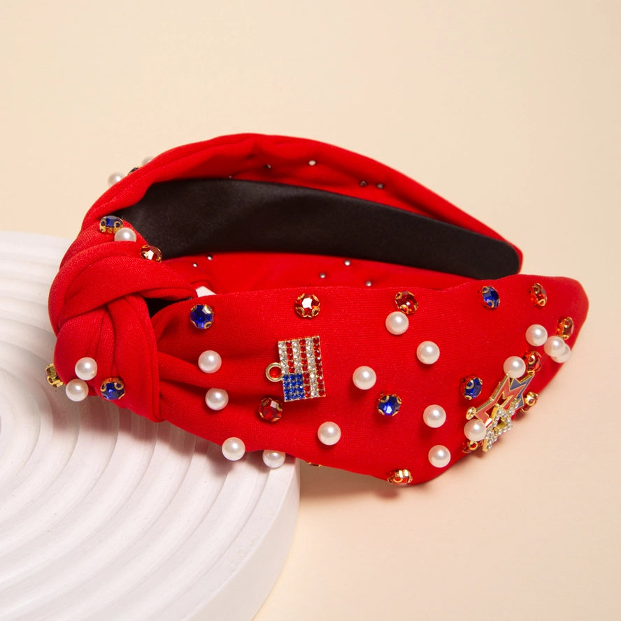 American Flag Rhinestone Pave Charm Crystal Pearl Headband-RED